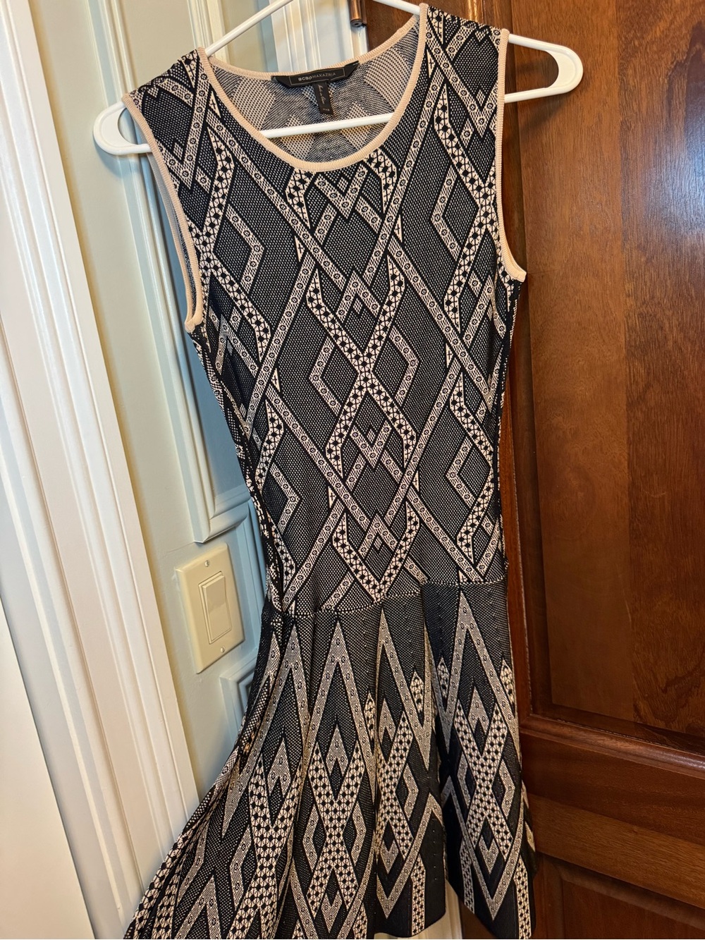 BCBGMaxAzria Black and Cream Geometric Sleeveless Fit-and-Flare Dress